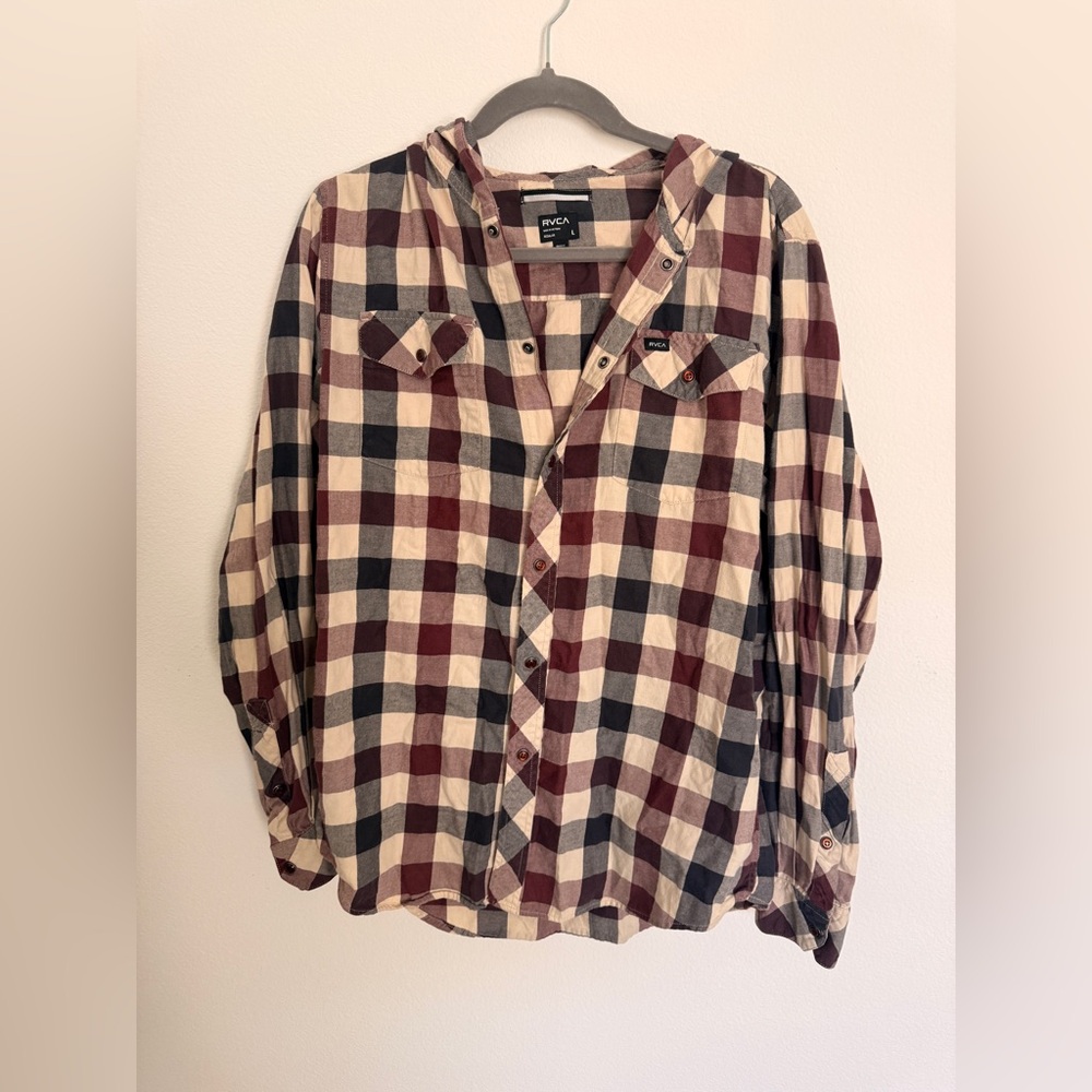 RVCA Plaid Hooded Shirt in Burgundy and Beige